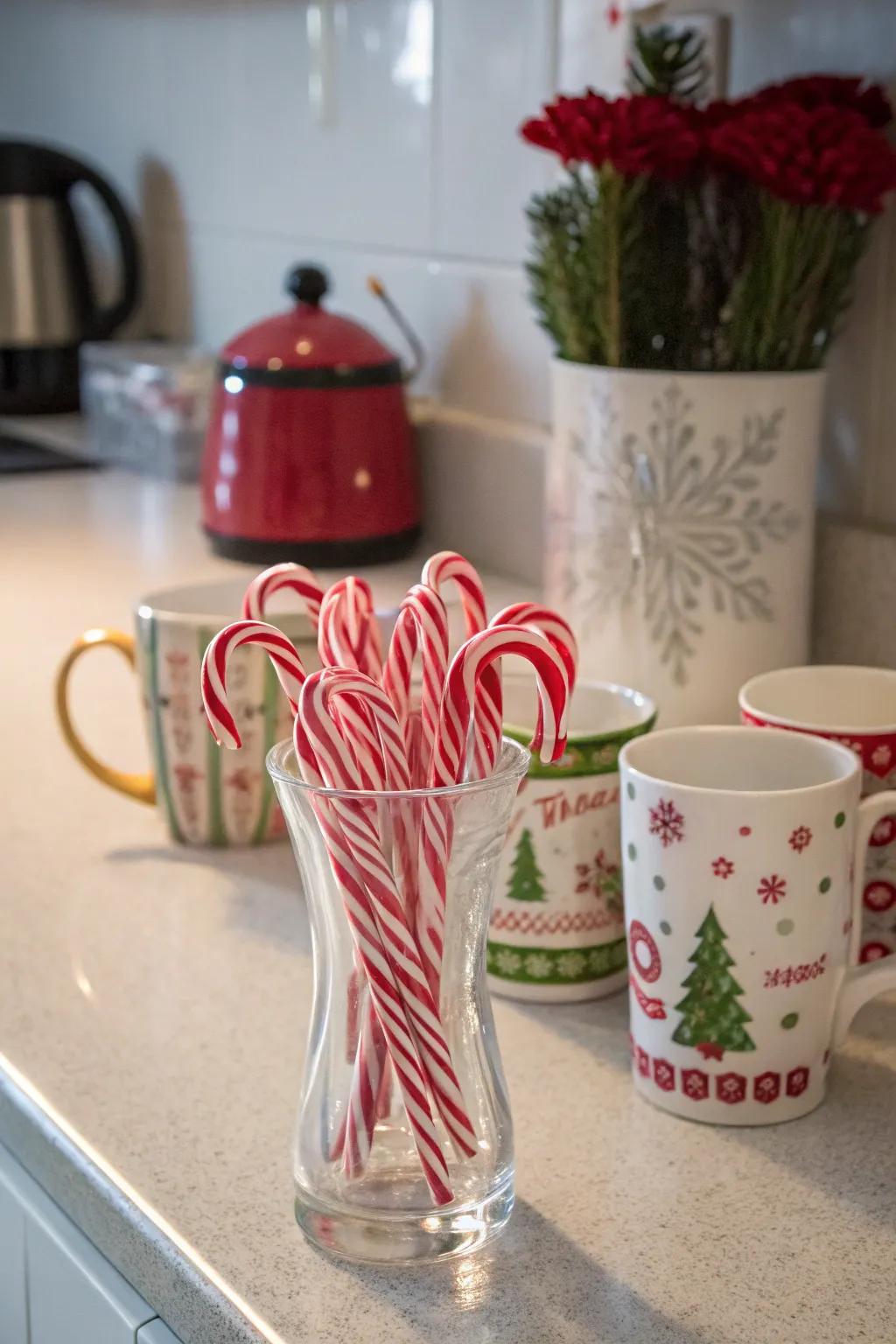 Candy canes bring a playful and sweet holiday vibe.