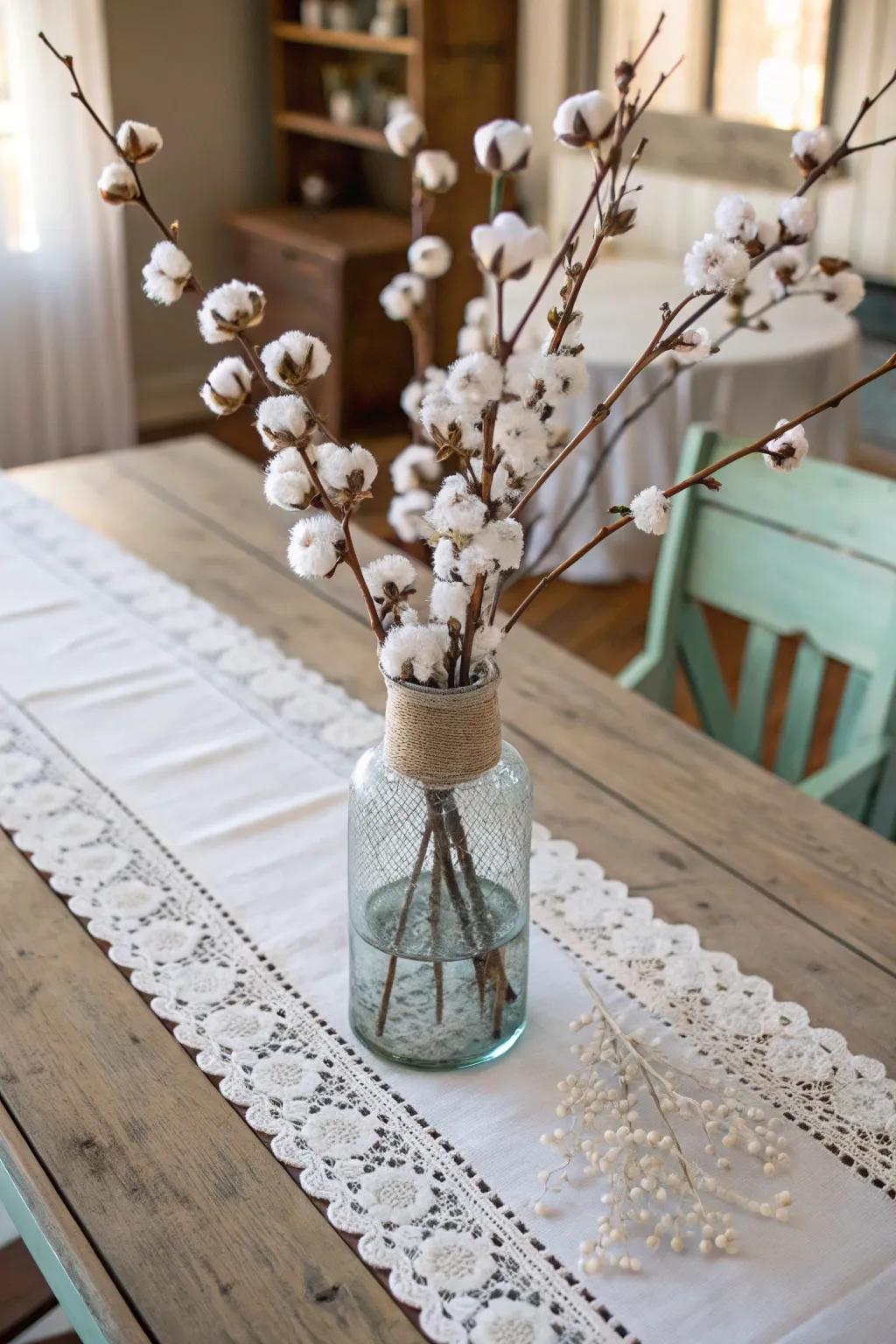 Faux cotton branches add softness and warmth to holiday decor.