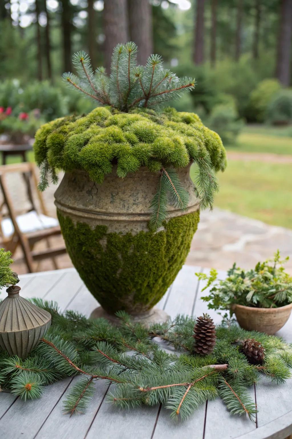 Moss adds a vibrant green and earthy texture to holiday vases.