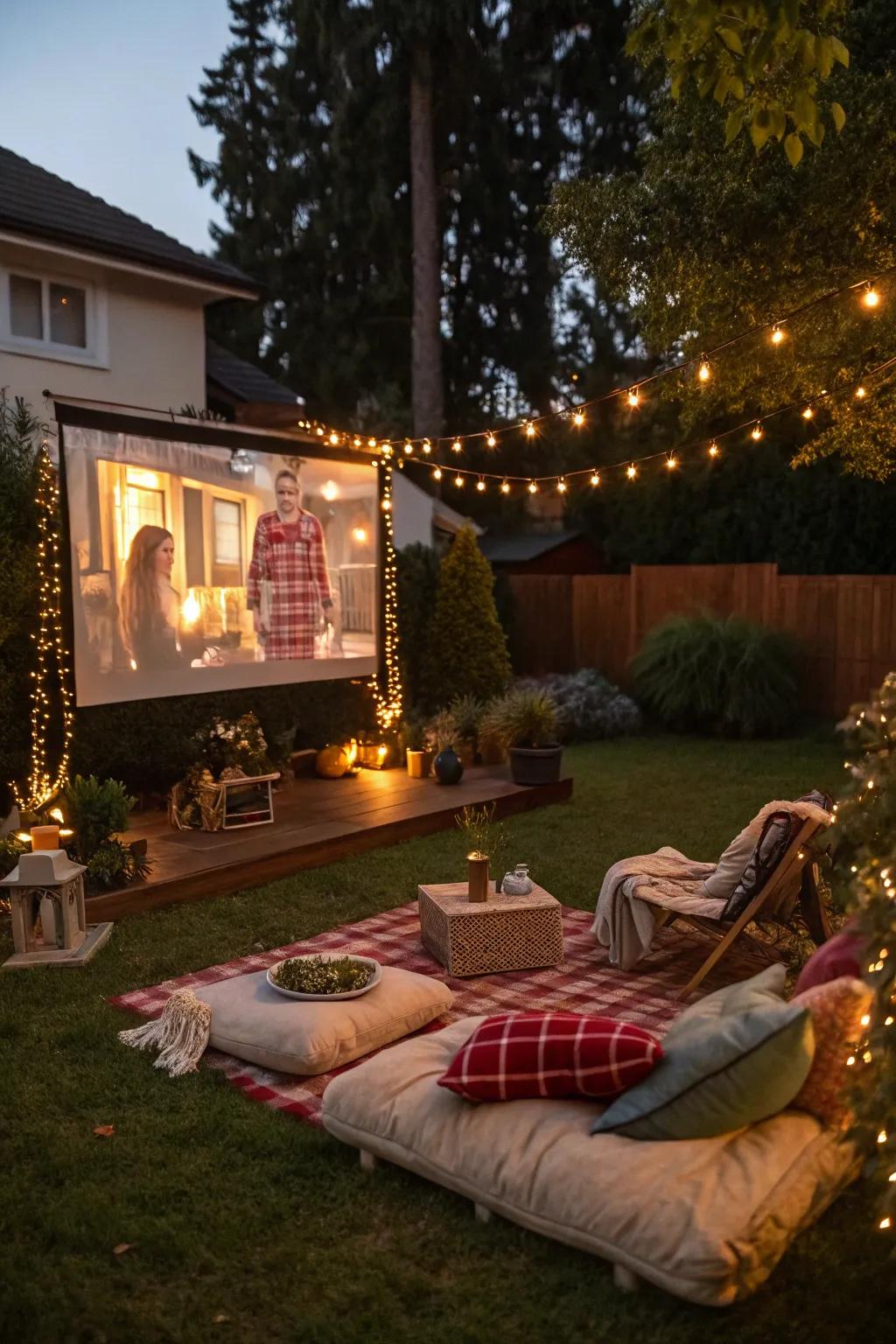 An inviting outdoor setup for a Christmas movie night.