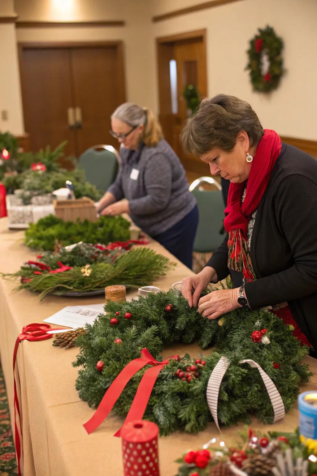 Participants crafting personalized holiday wreaths.