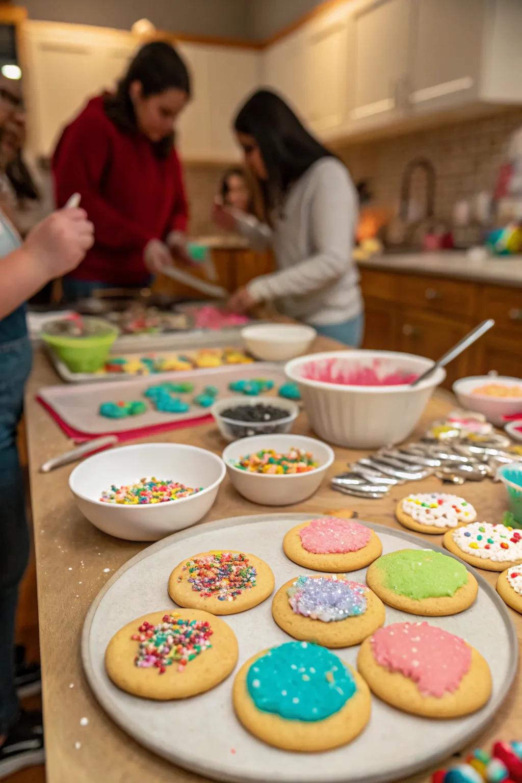 A lively cookie decorating contest with colorful icing and sprinkles.