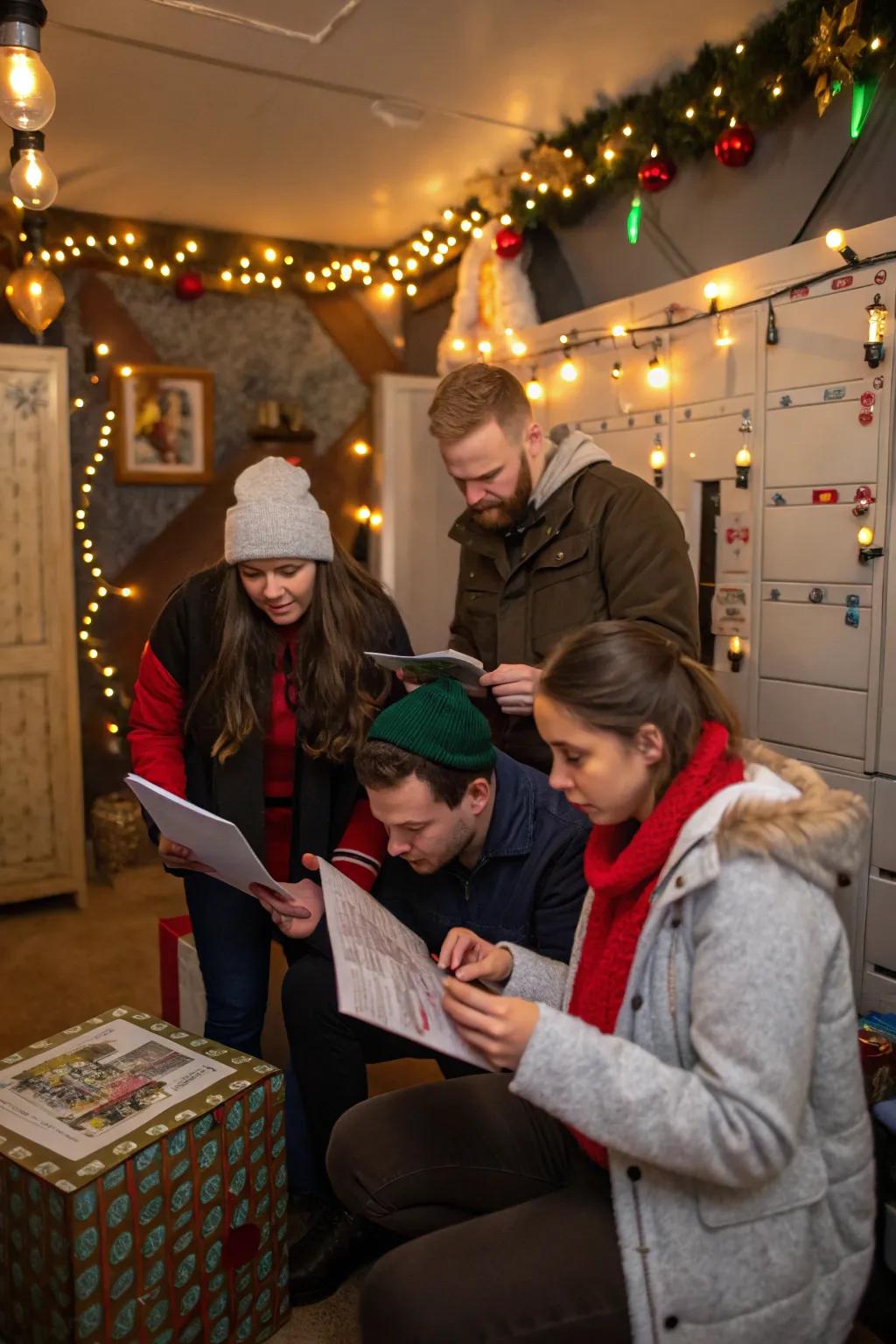 Participants solving puzzles in a holiday-themed escape room.