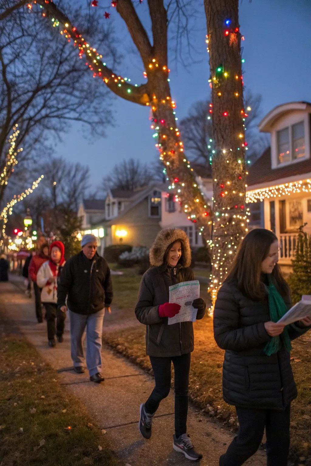 Participants enjoying a Christmas light scavenger hunt in the neighborhood.