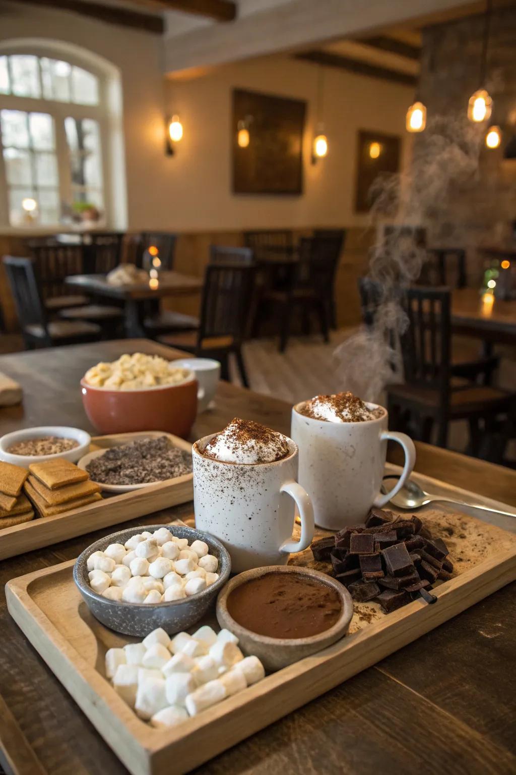 A cozy hot chocolate bar with various toppings and festive mugs.