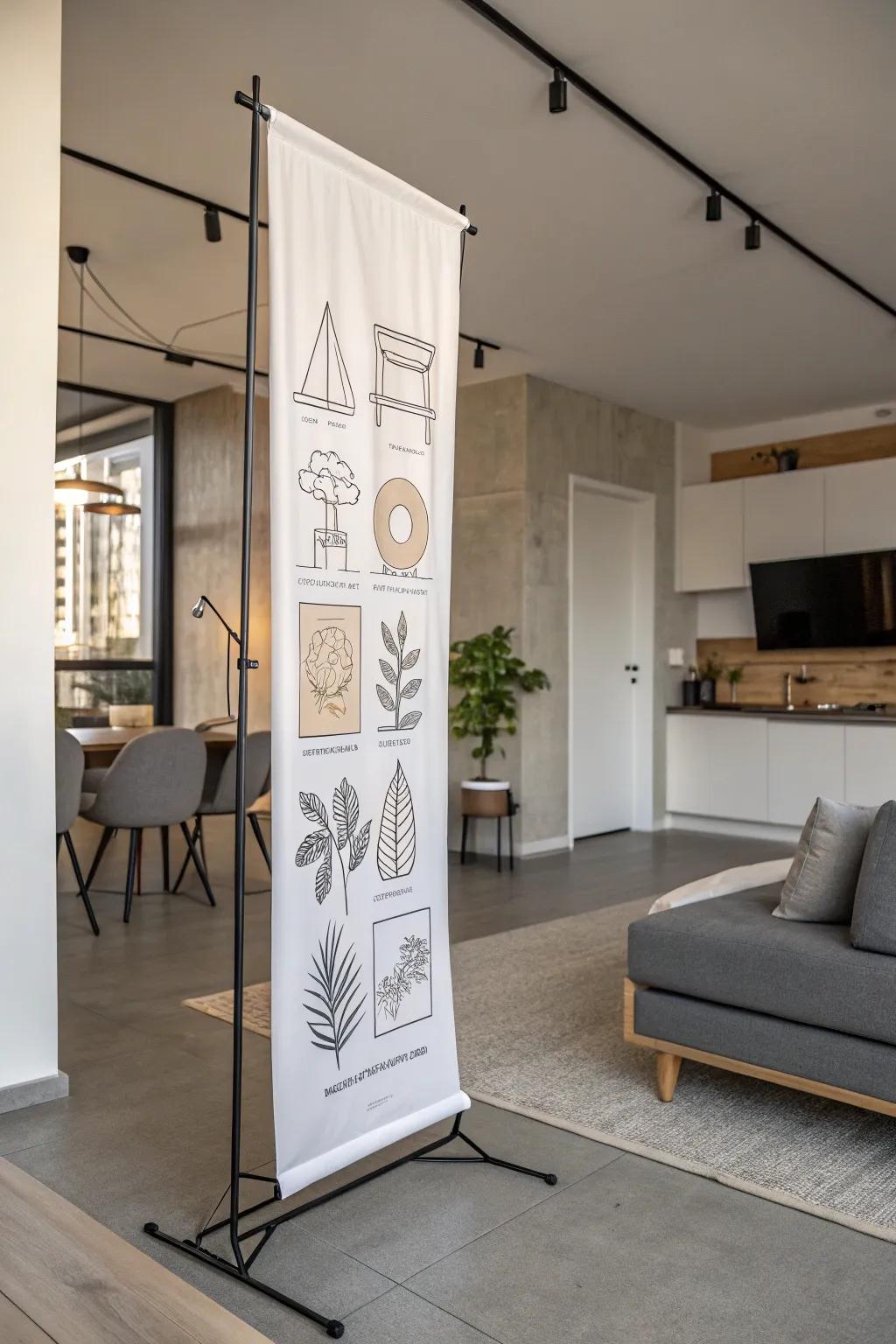 Minimalist line art on a vertical banner enhances a sleek, modern room.