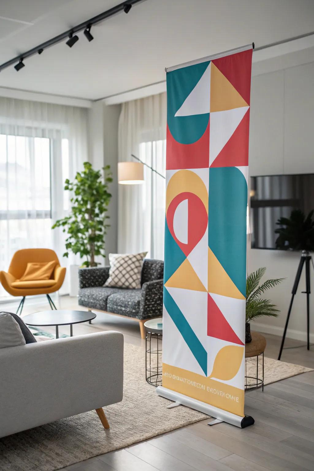 Vertical banner with geometric motifs adds a chic modern accent to a living room.