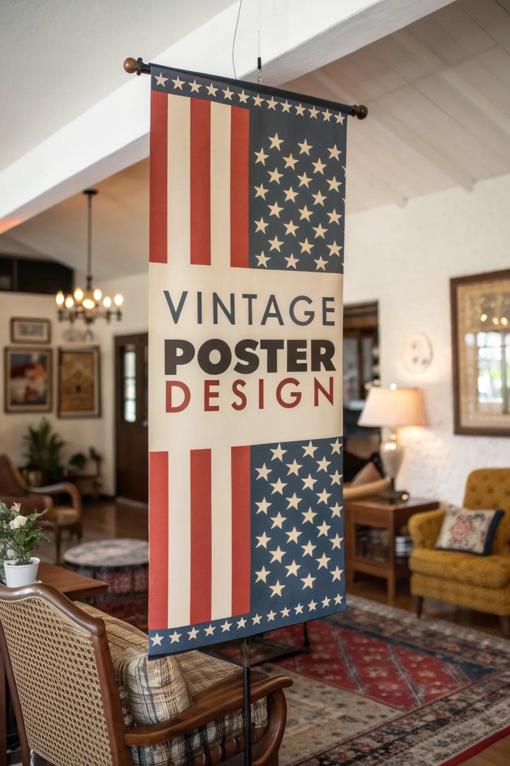 Vintage poster banner adds nostalgic warmth to a retro-inspired living room.