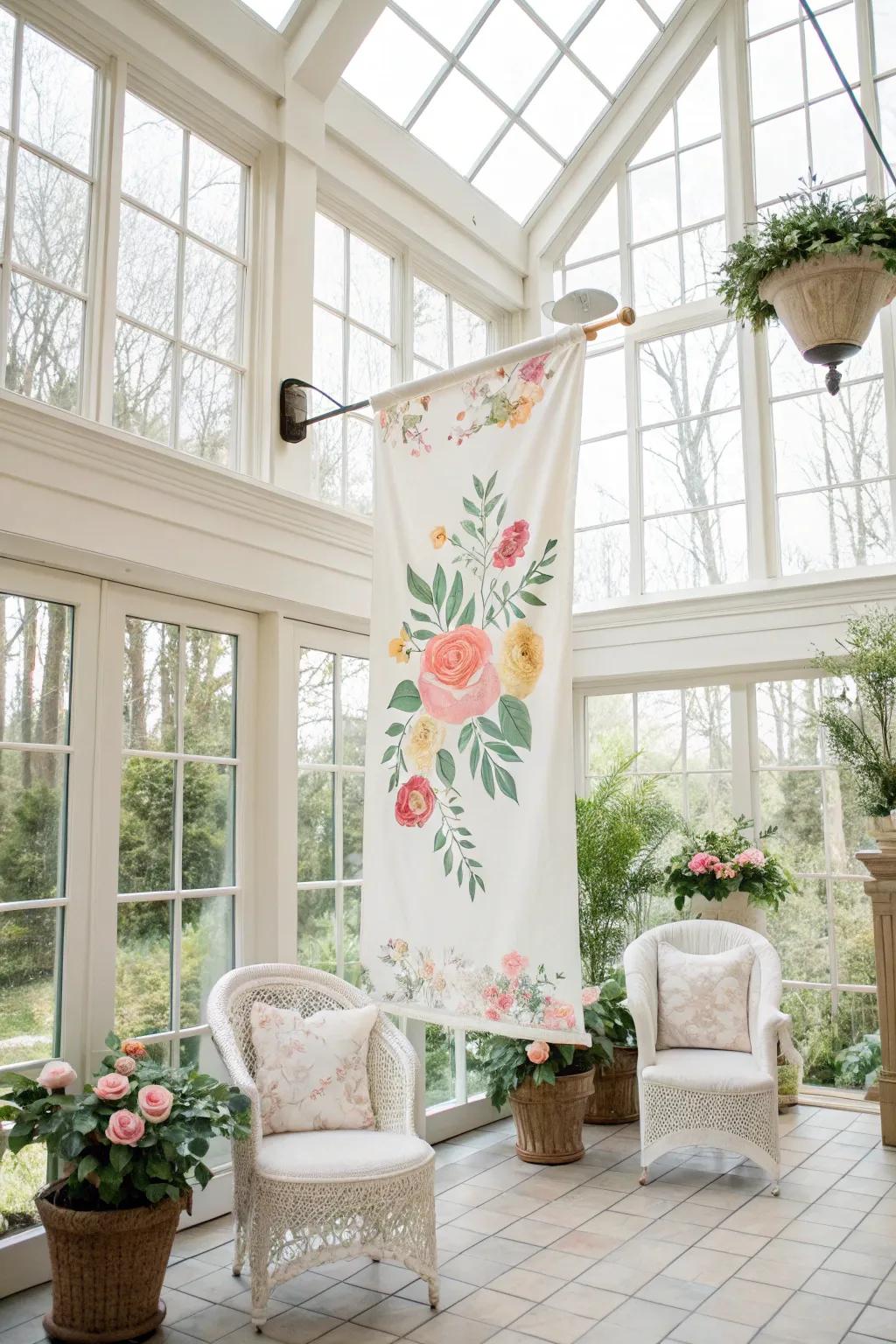 Floral banner adds softness and grace to a bright sunroom.