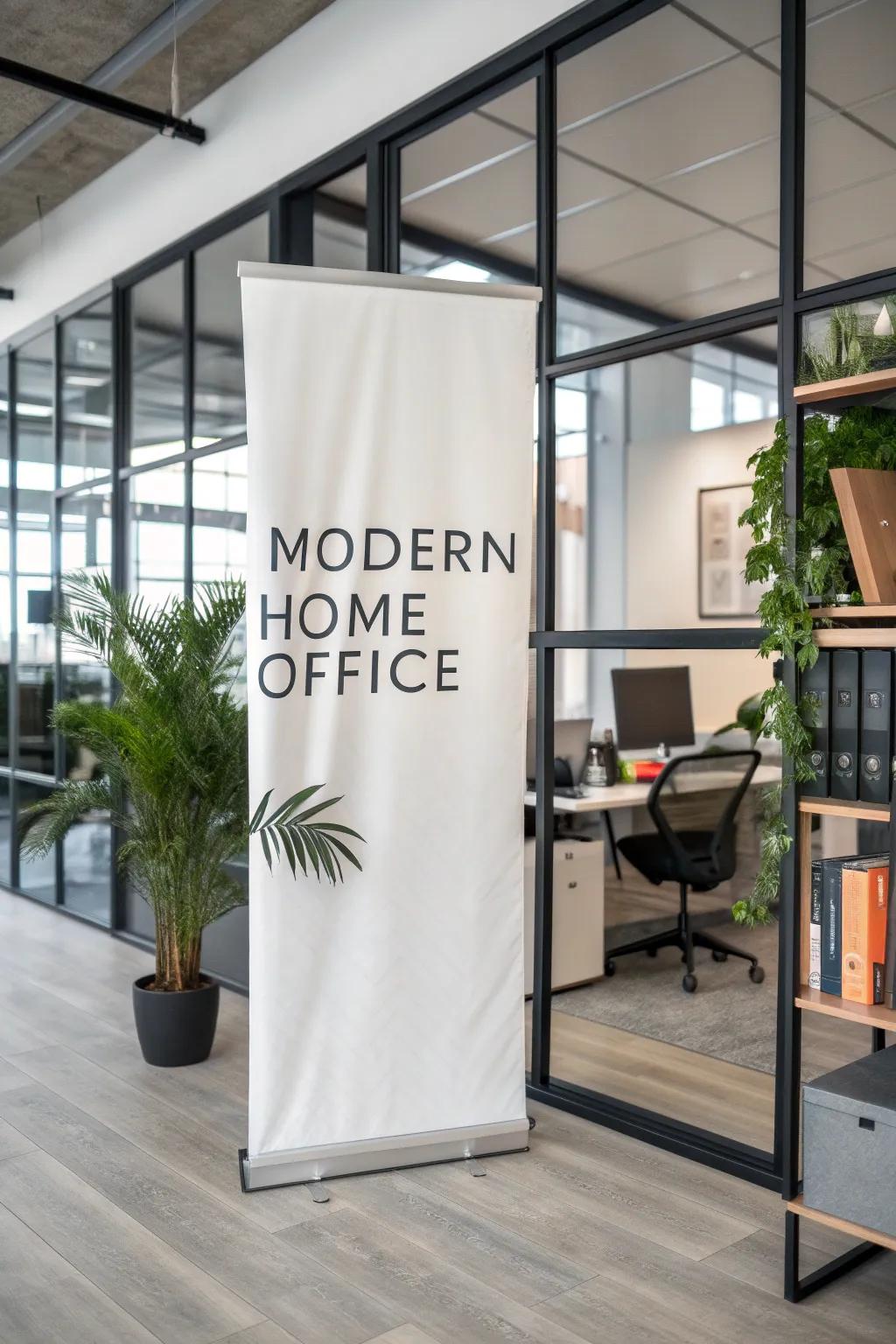 Vertical banner with bold typography creates a powerful focal point in a home office.