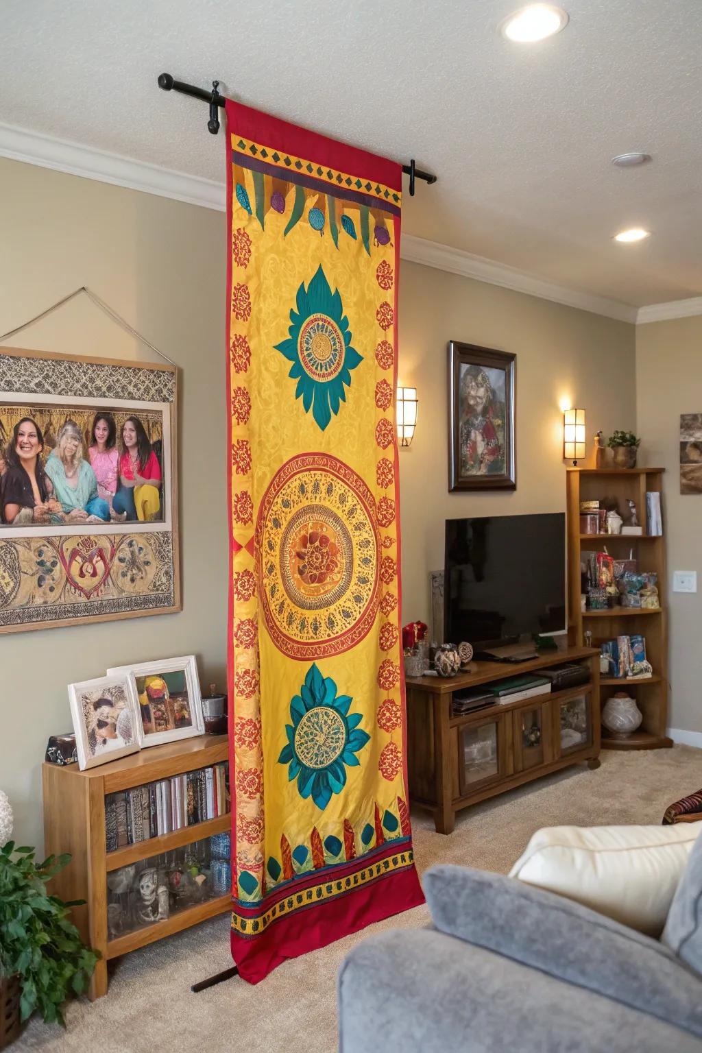 Vertical banner with cultural motifs adds warmth and identity to a family room.