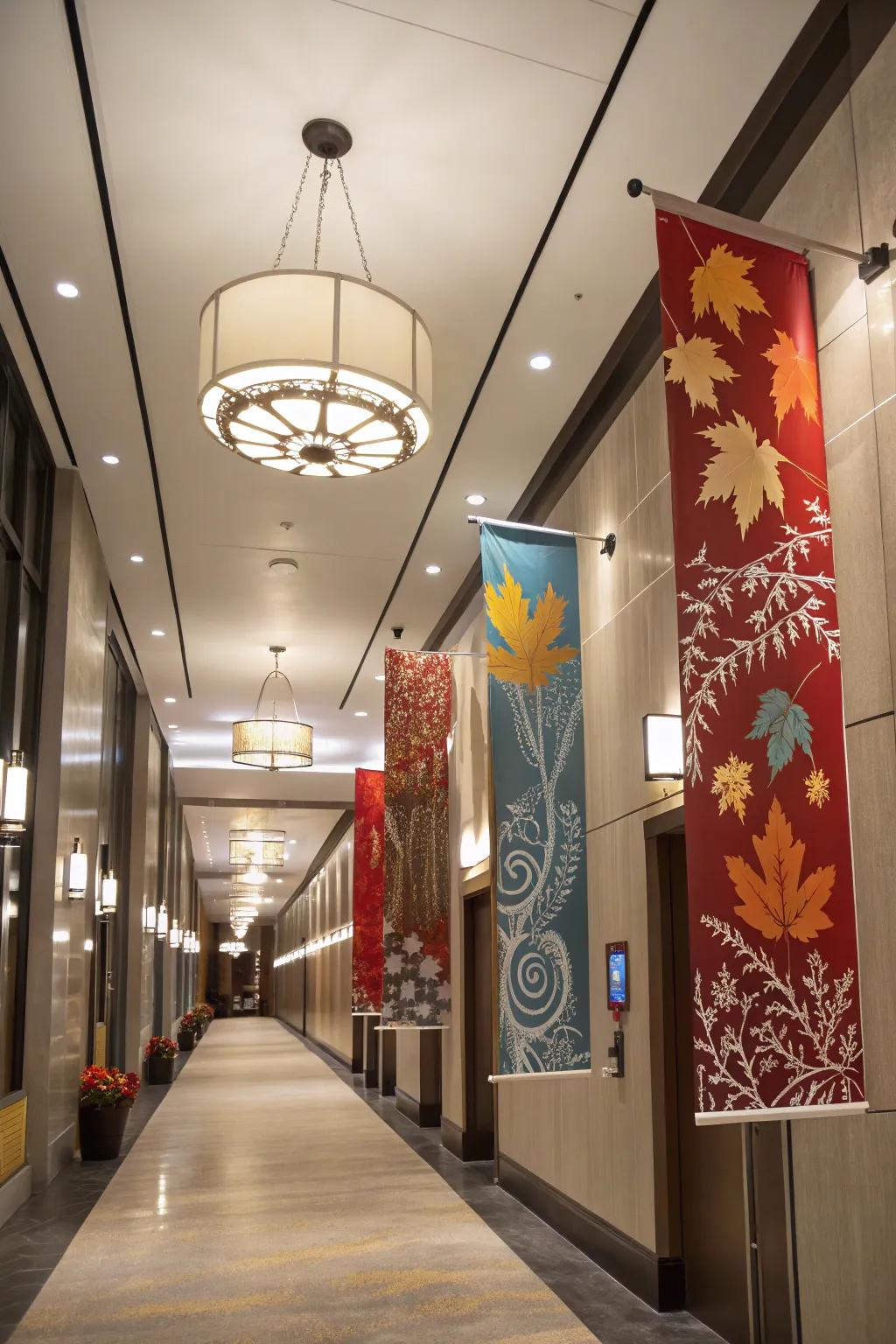 Seasonal vertical banners add lively changes to a hallway.