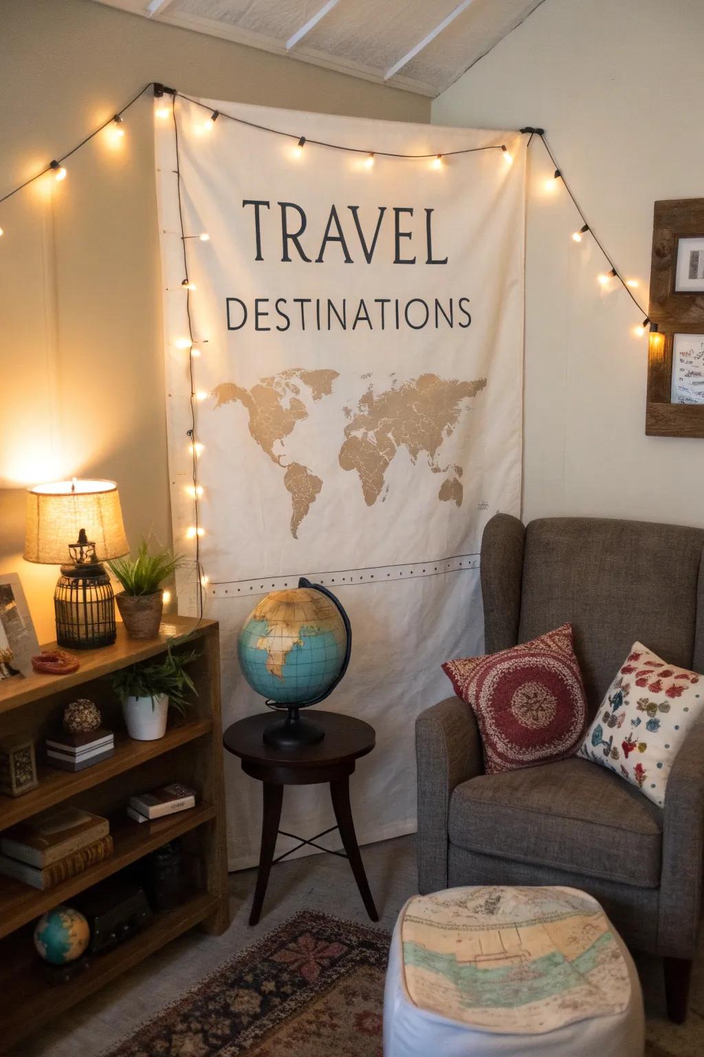 Travel-themed banners showcase favorite destinations in a cozy den.