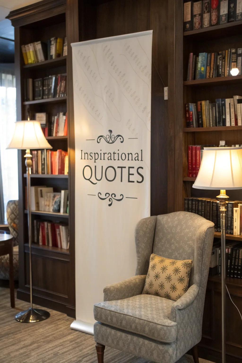 Inspirational quote banner adds positivity to a cozy reading nook.