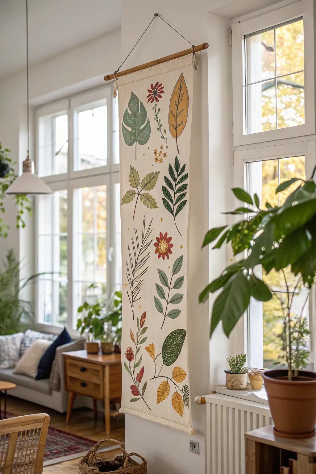 Nature-inspired vertical banner creates a peaceful vibe in the living room.
