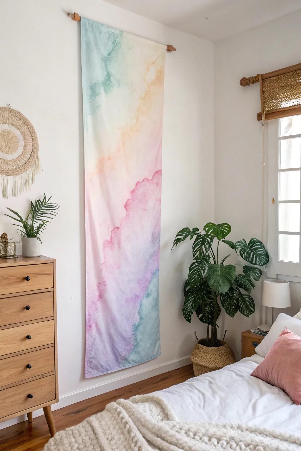 Abstract watercolor banner adds a gentle artistic touch to a bedroom.