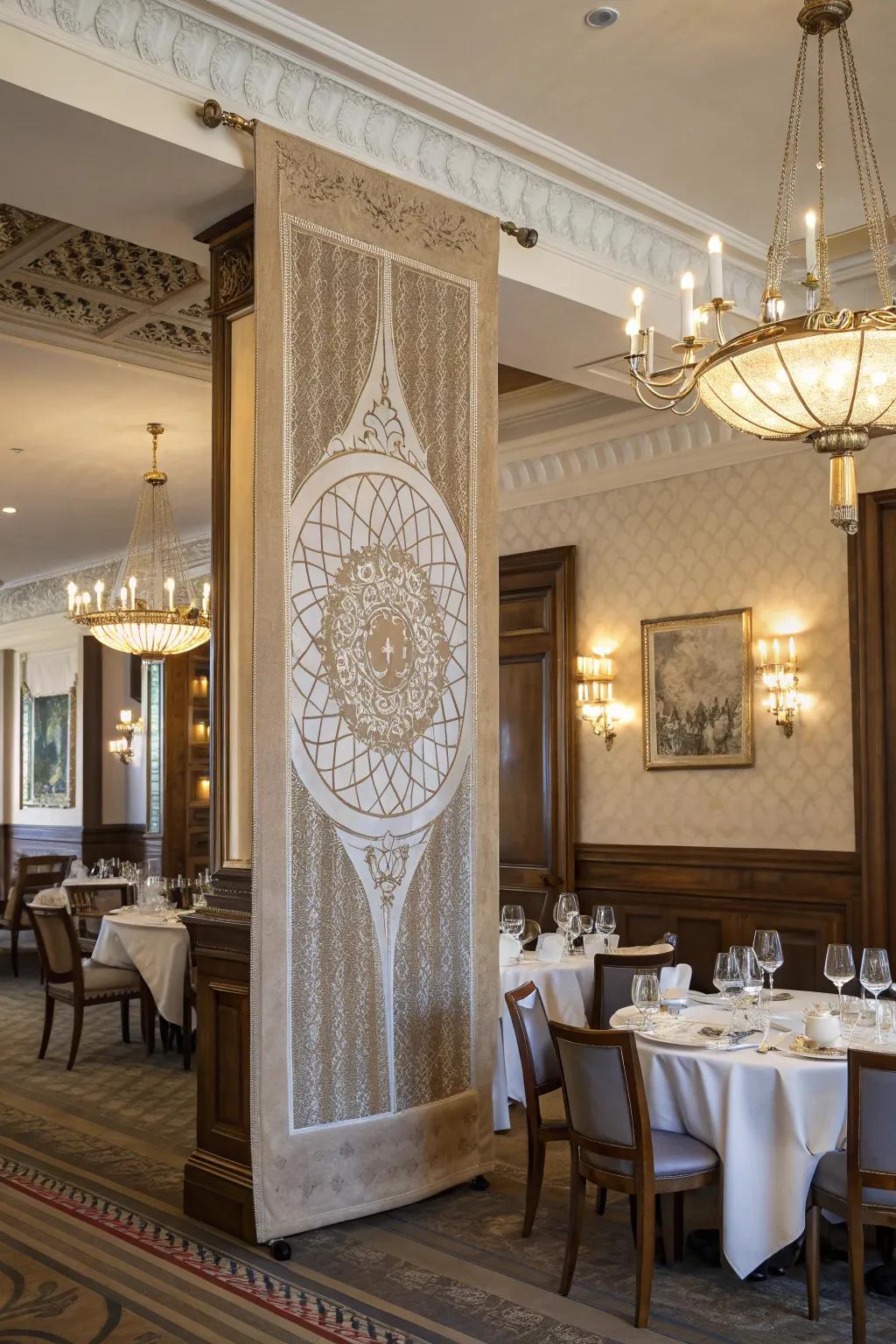 3D texture banner adds richness and dimension to a formal dining room.