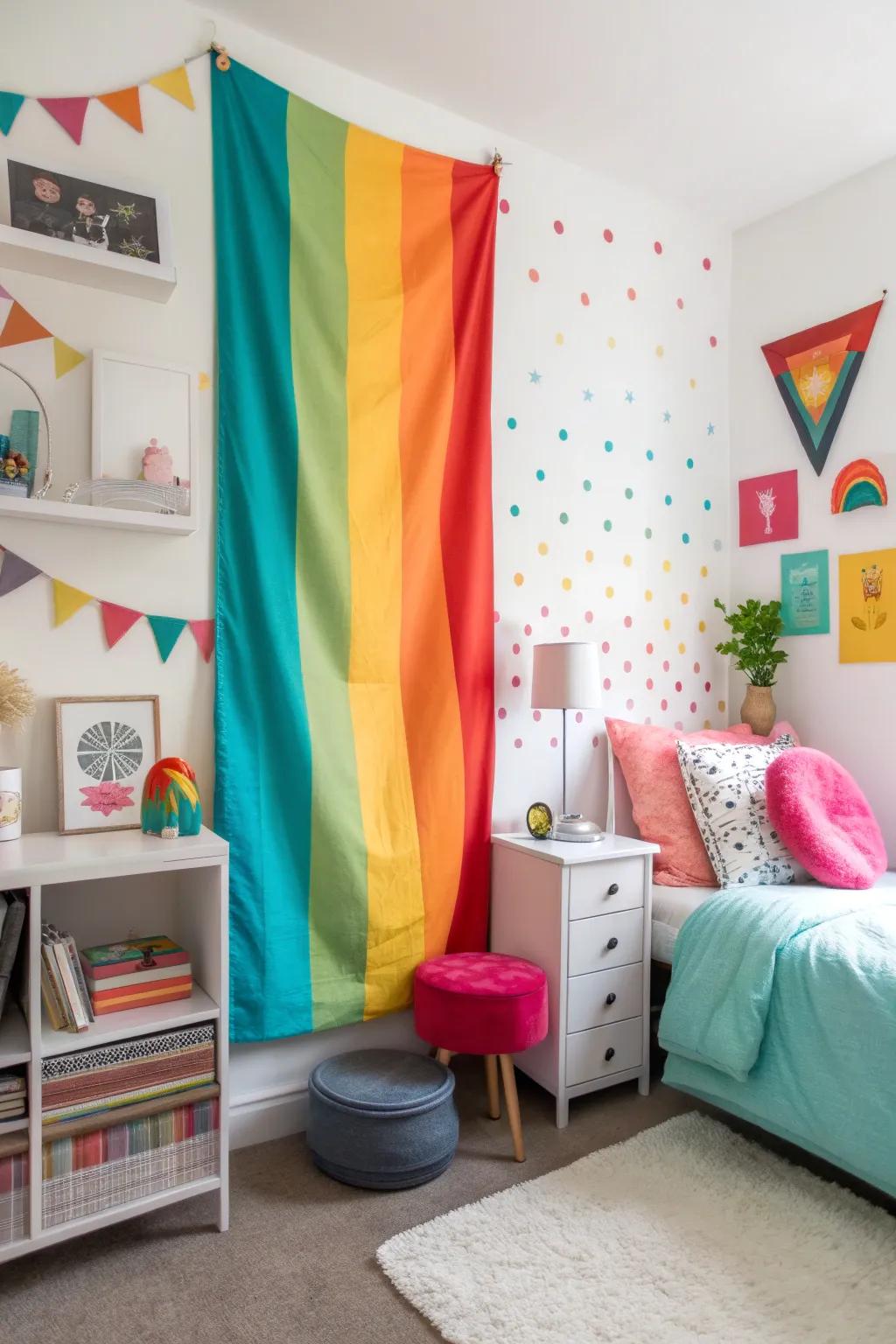 Color block pattern banner energizes a youthful bedroom with bold hues.