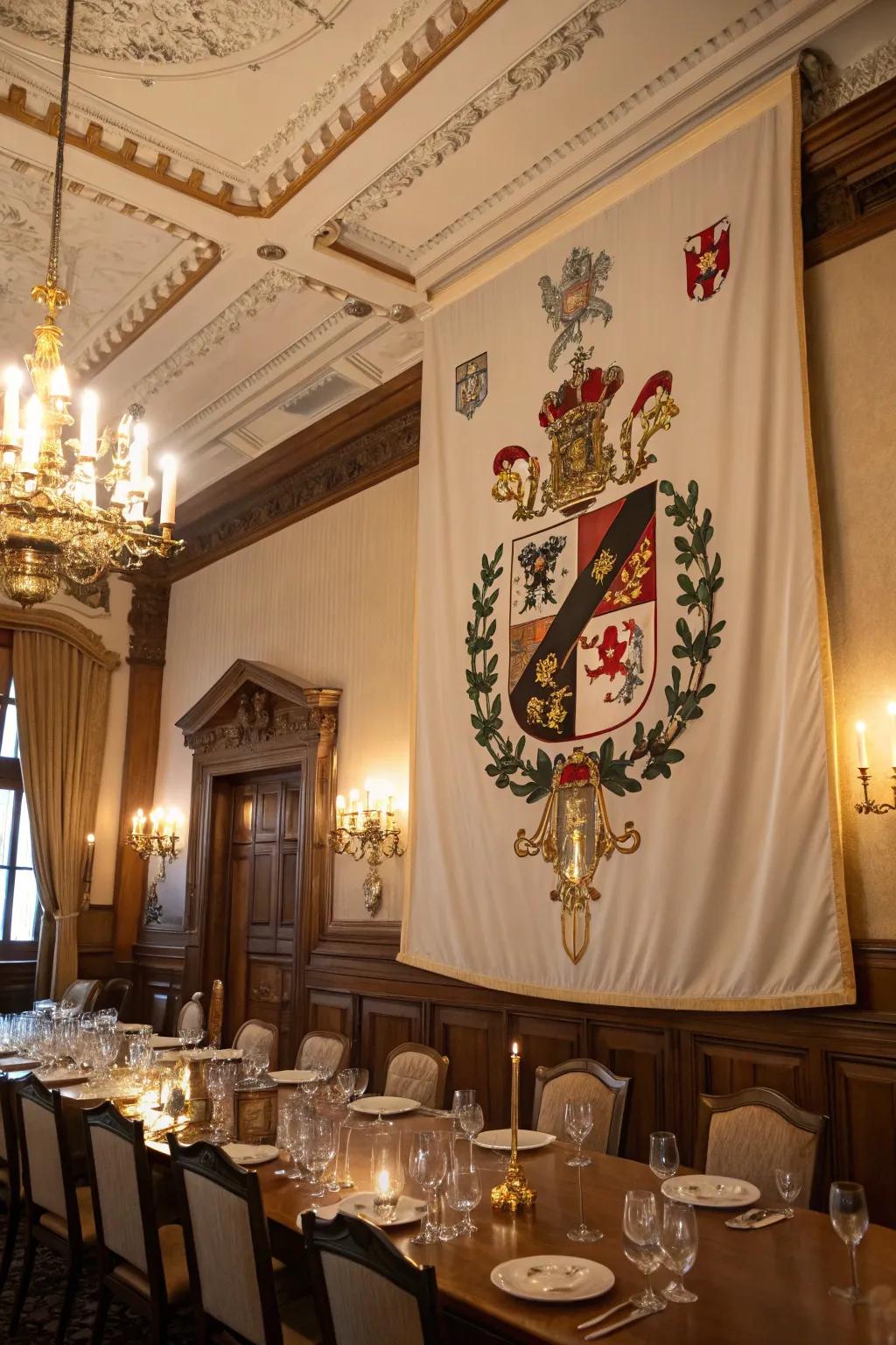 Personalized family crest banner adds a meaningful touch to a dining room.
