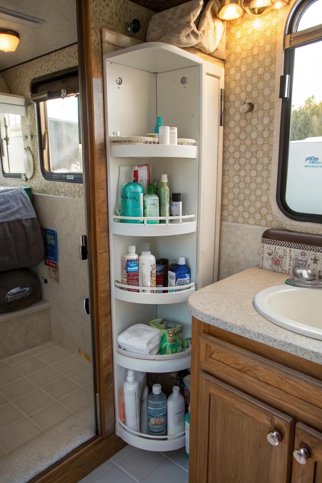 Utilize corner space with rotating shelves.