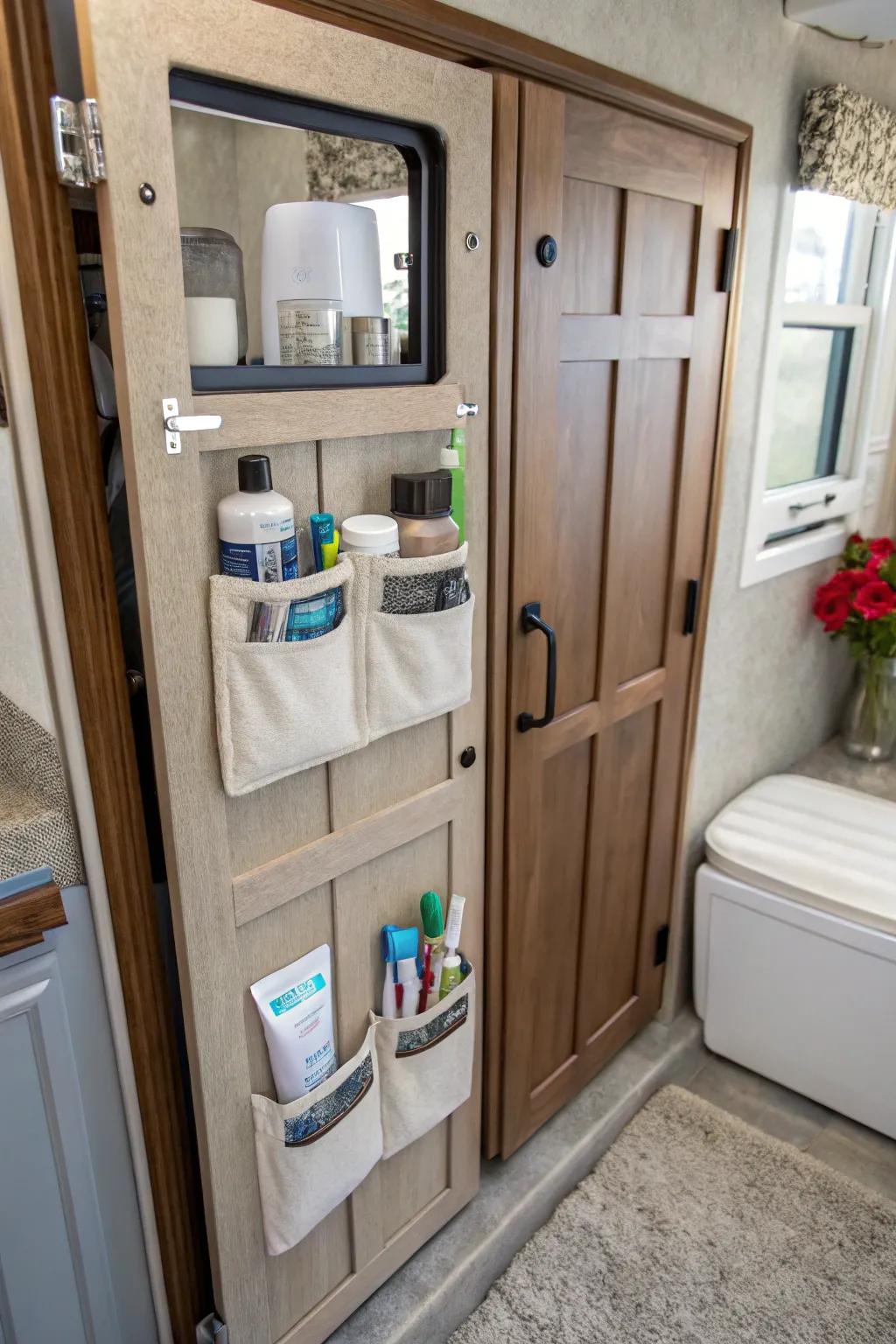 Enhance cabinet doors with storage pockets.