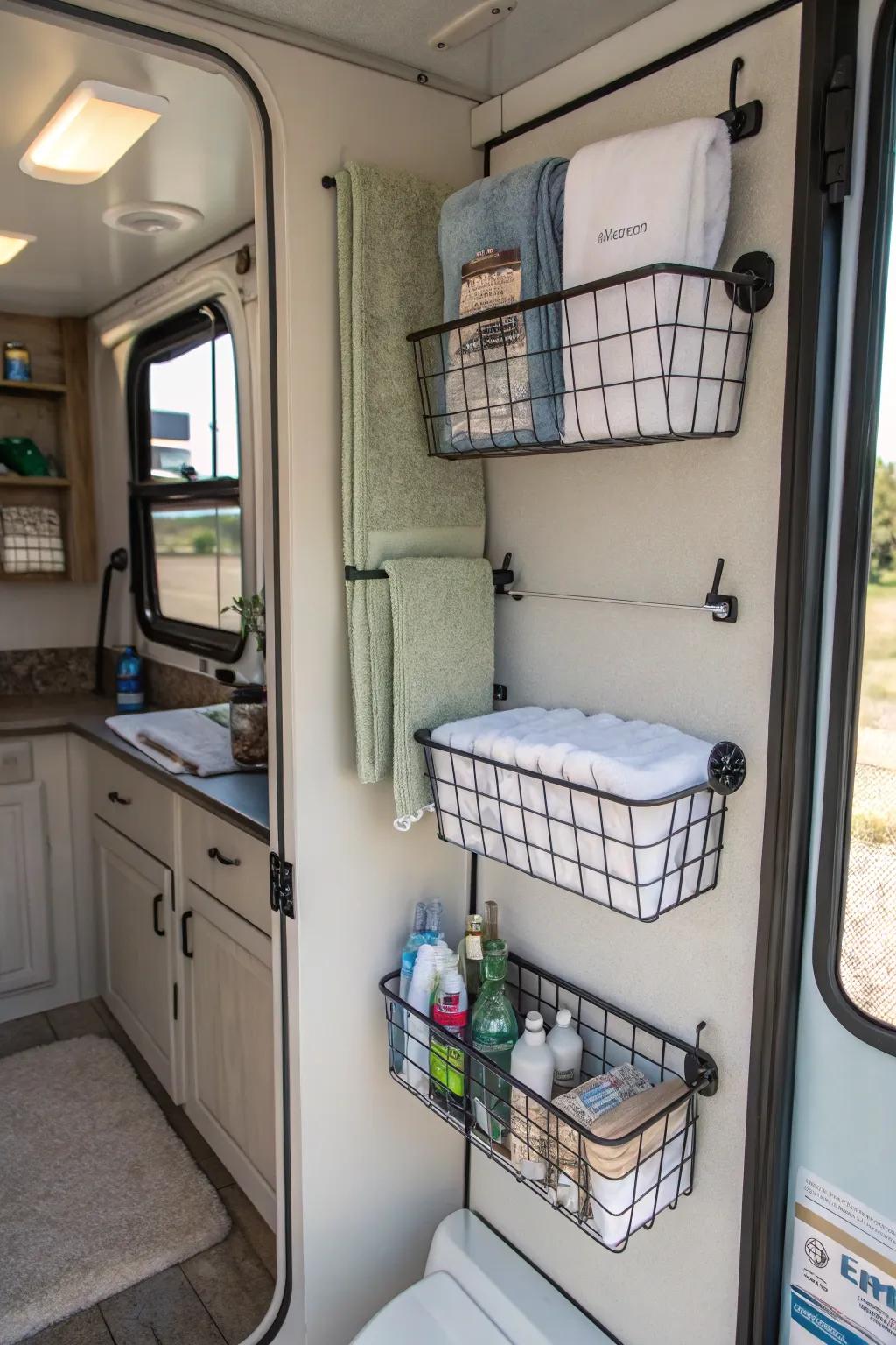 Add style and function with wire baskets.