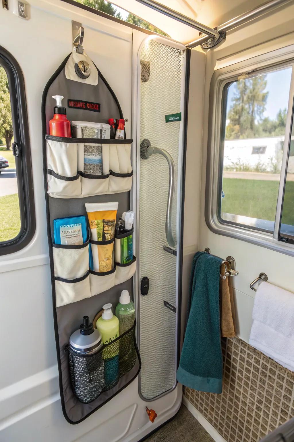 Organize shower essentials with hanging caddies.