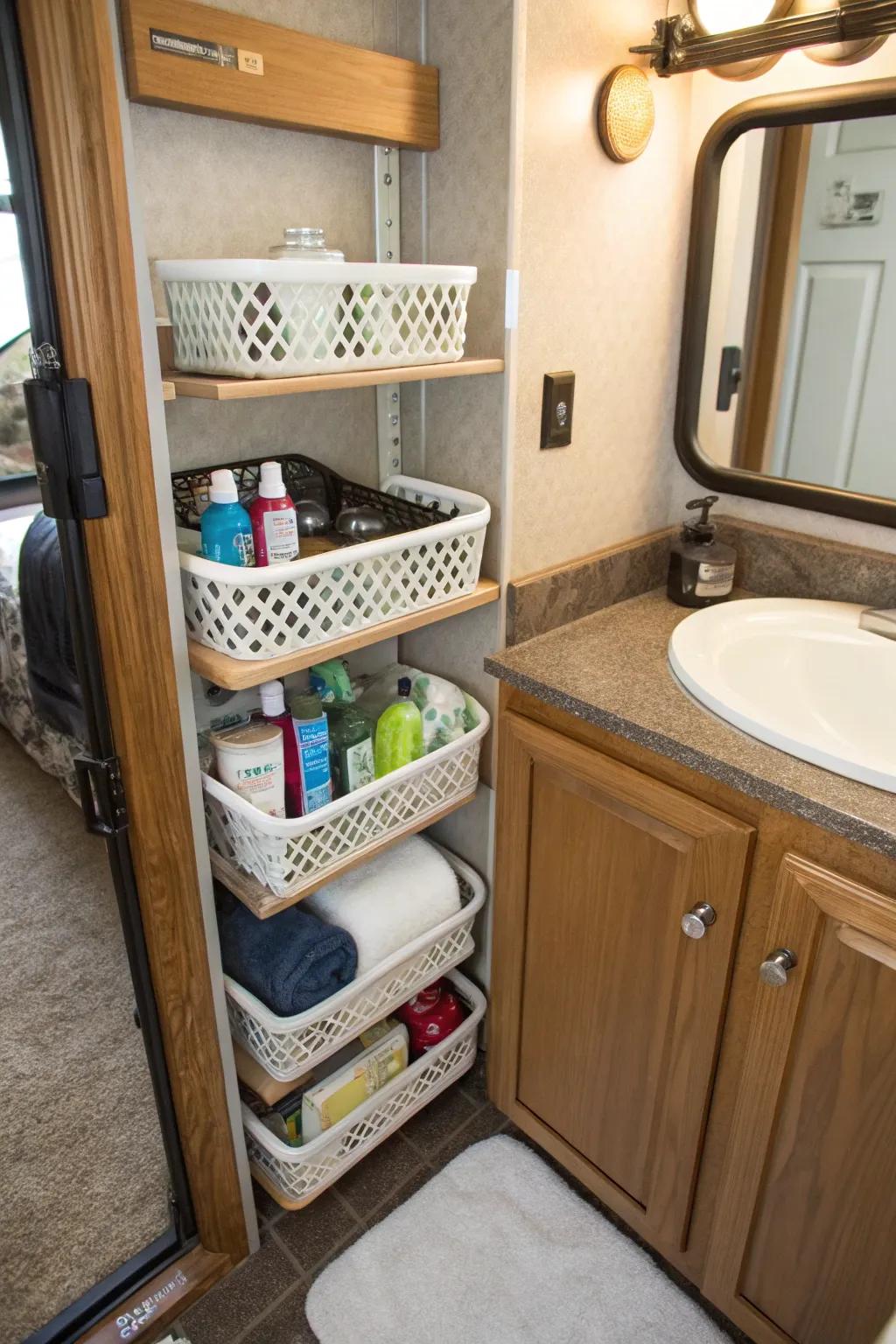 Expand storage using under-shelf baskets.