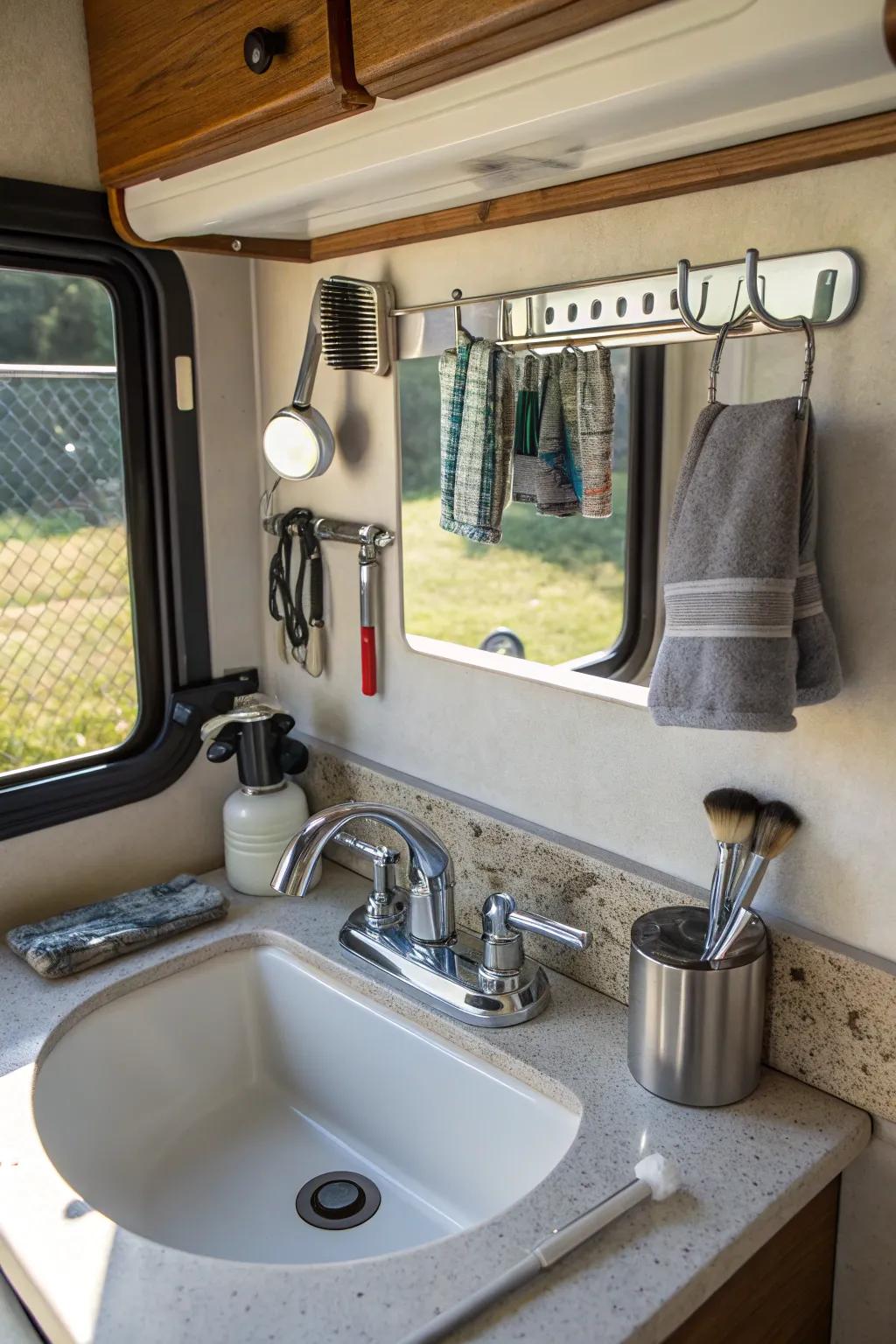 Organize metal items with magnetic strips.