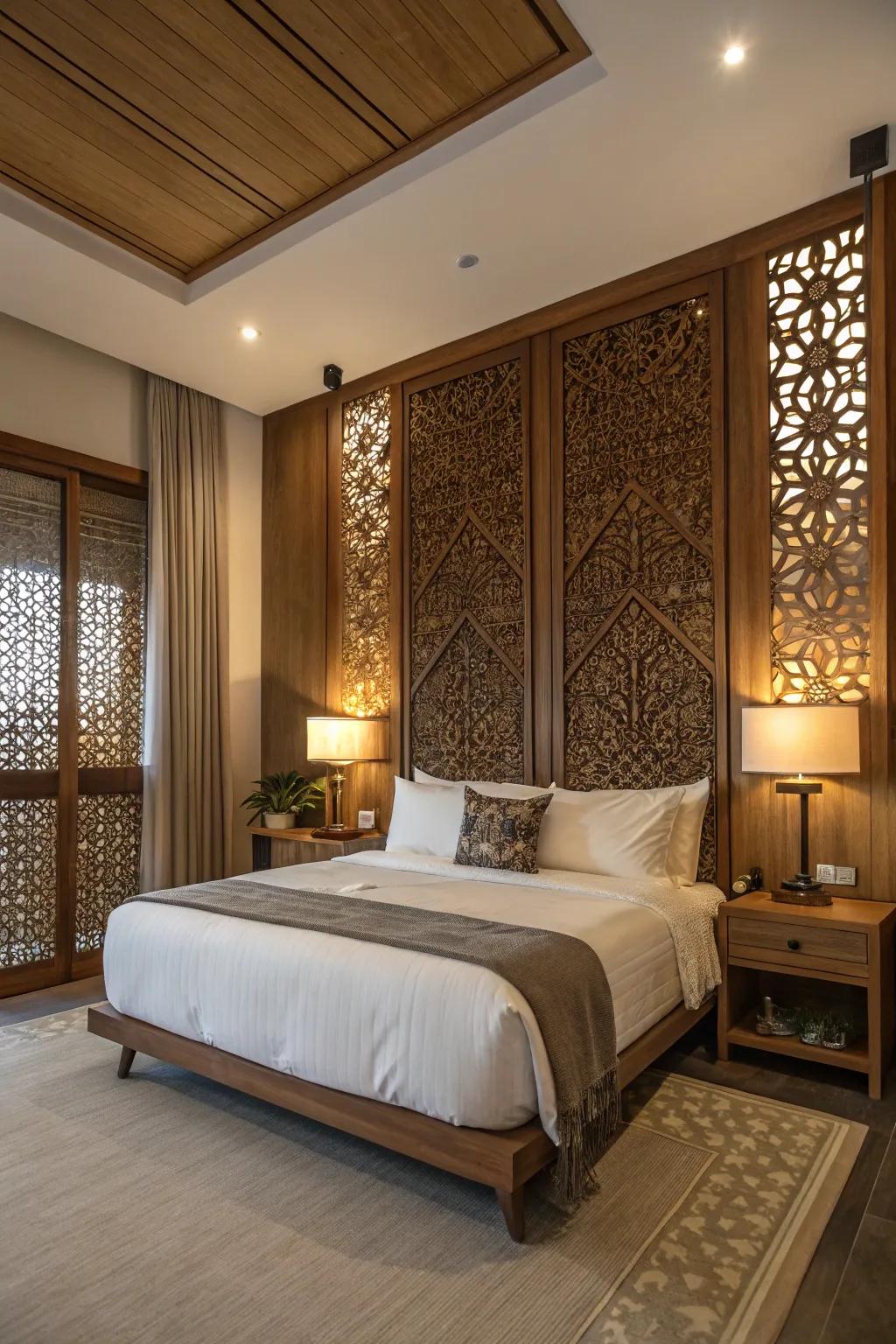 Peaceful bedroom featuring symmetrical wood patterns that enhance relaxation.