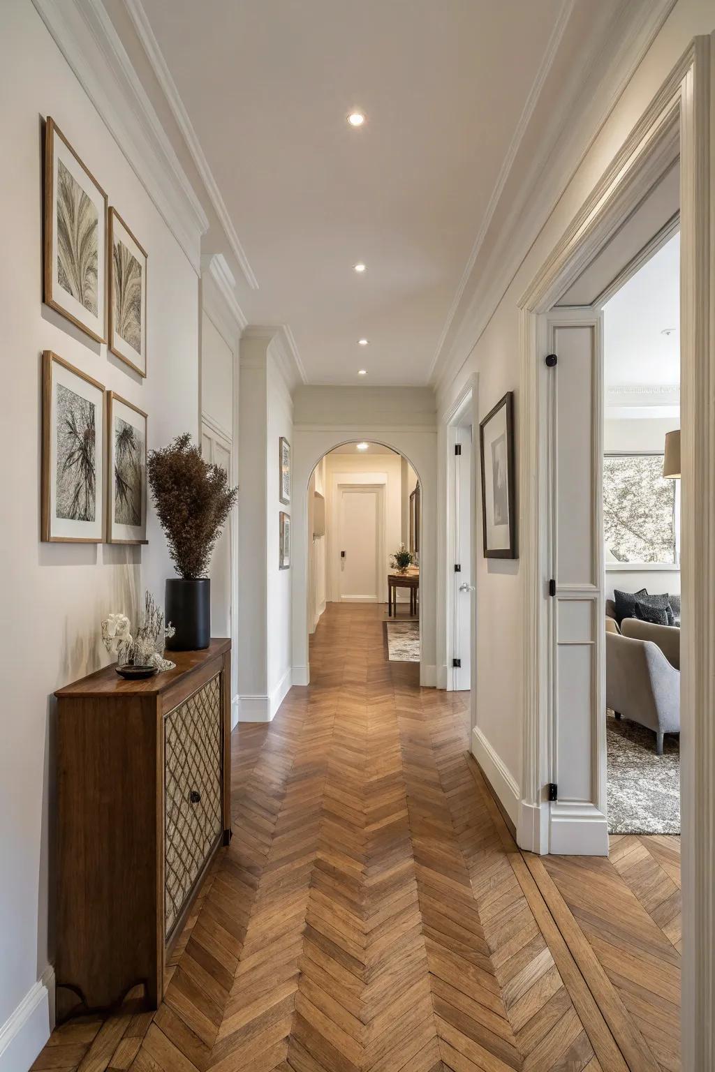Hallway featuring end grain wood flooring known for its durability and unique texture.