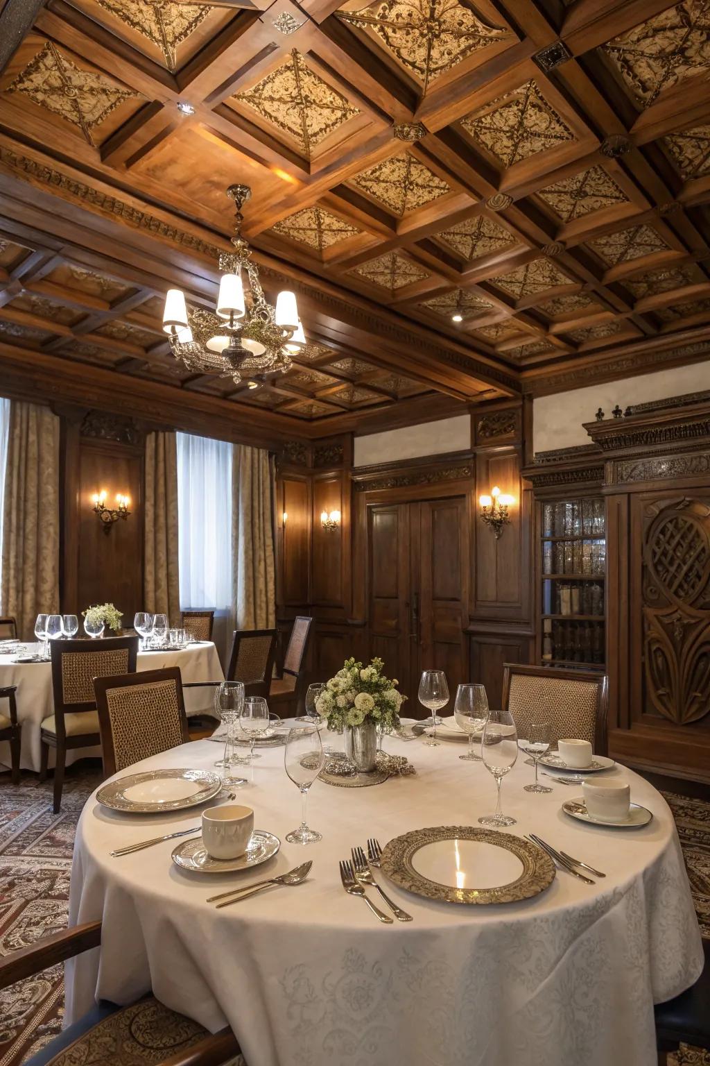 Dining area featuring a striking wood pattern ceiling that enhances room height and elegance.