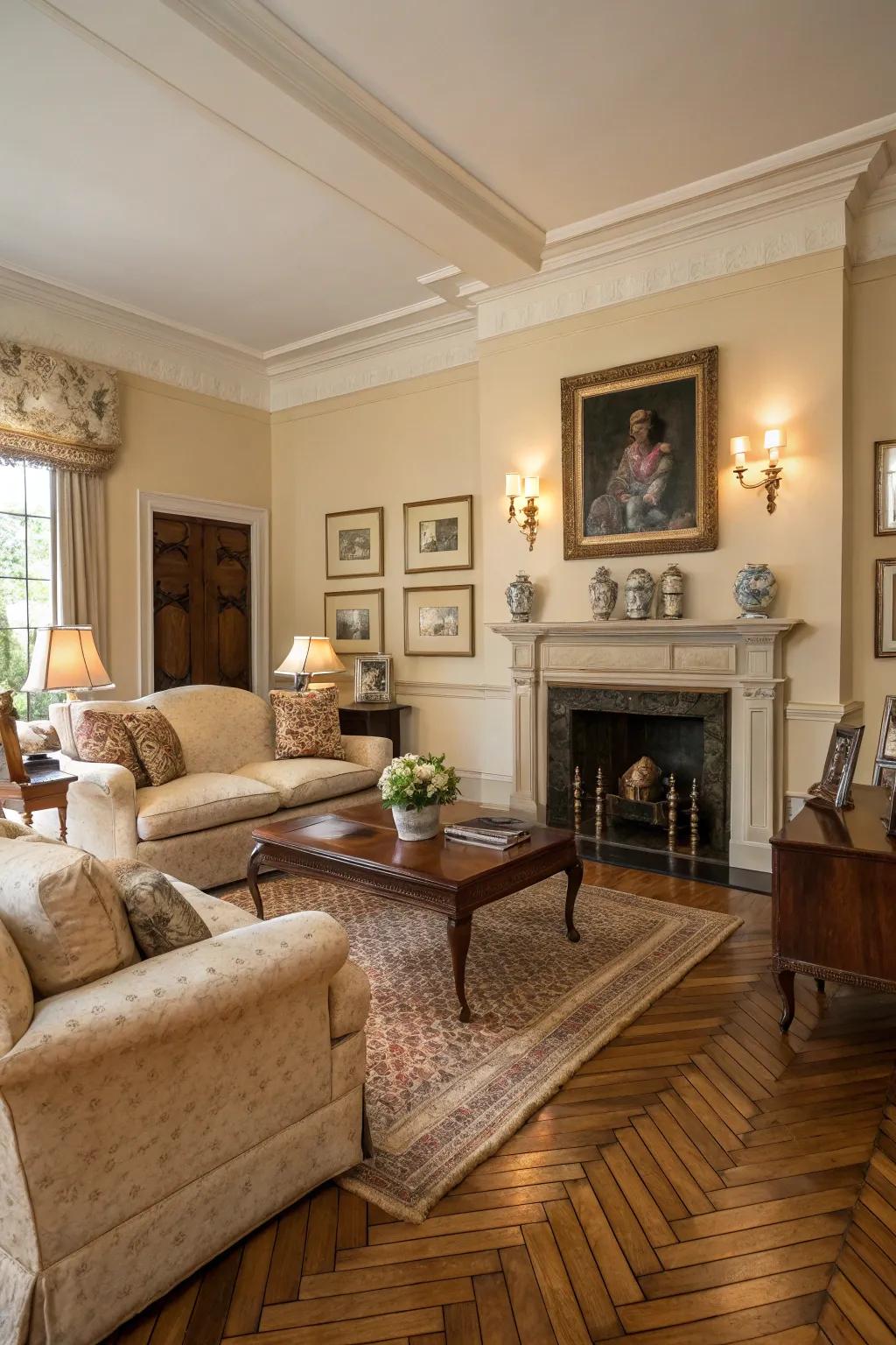 Traditional living room featuring uniform width wood planks for a timeless aesthetic.