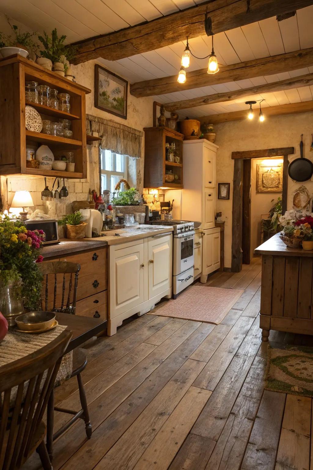 Rustic kitchen featuring wood planks of varying widths for a natural, lived-in look.