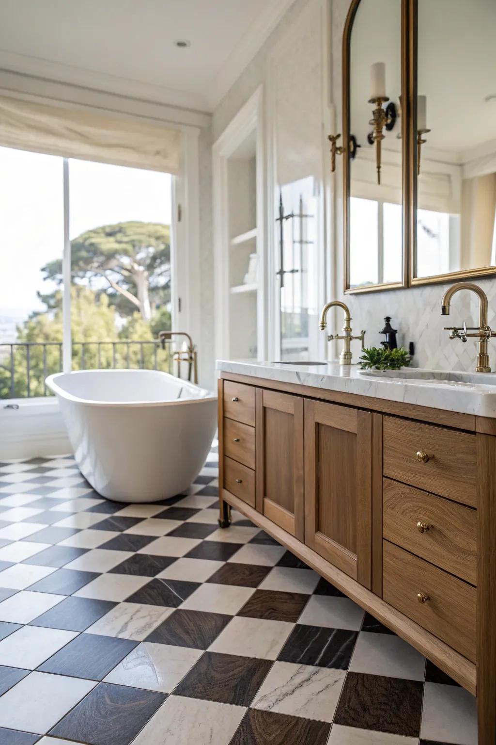 Chic bathroom featuring a lively checkerboard wood floor pattern.