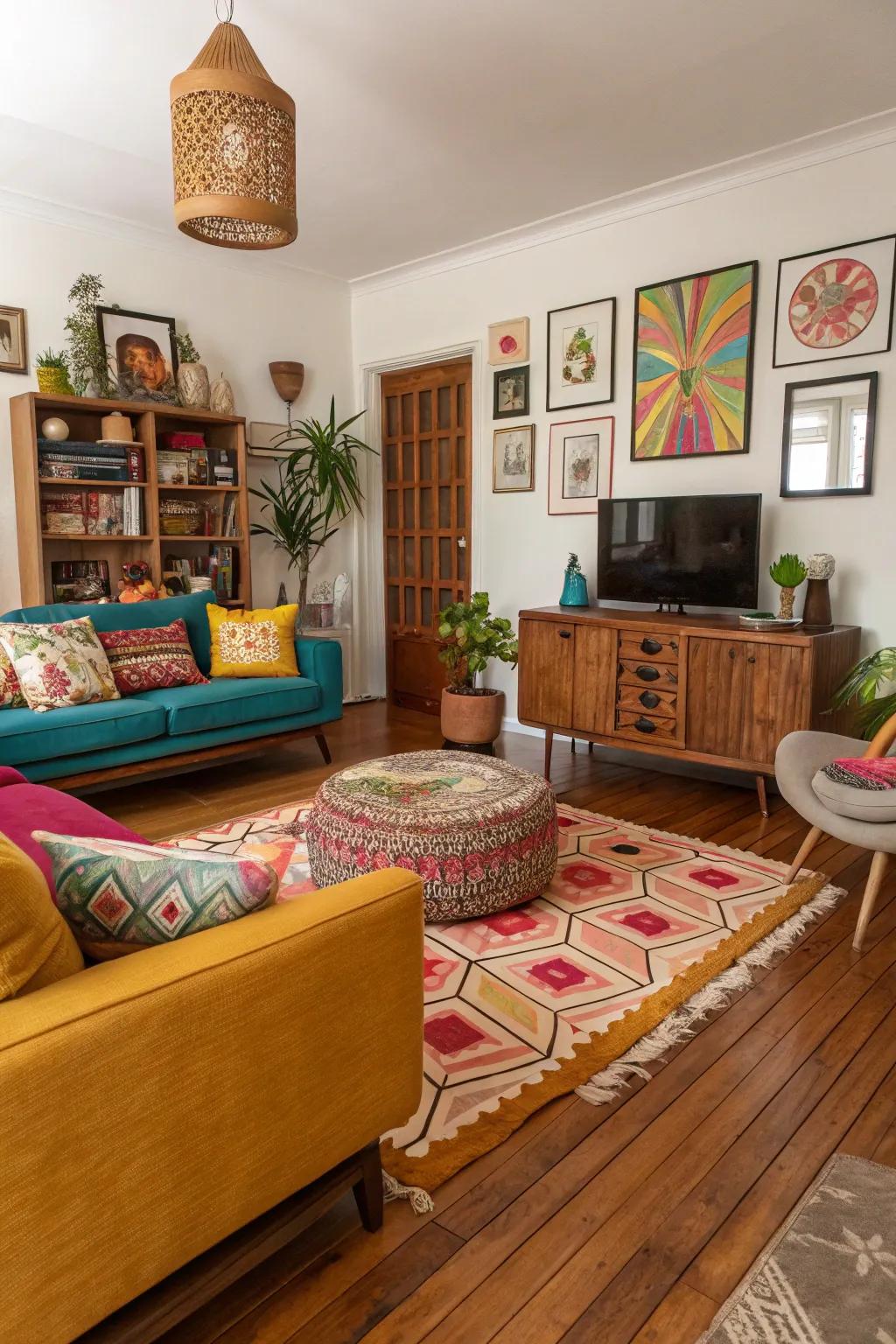 Eclectic living room featuring a rich blend of wood tones for depth and interest.