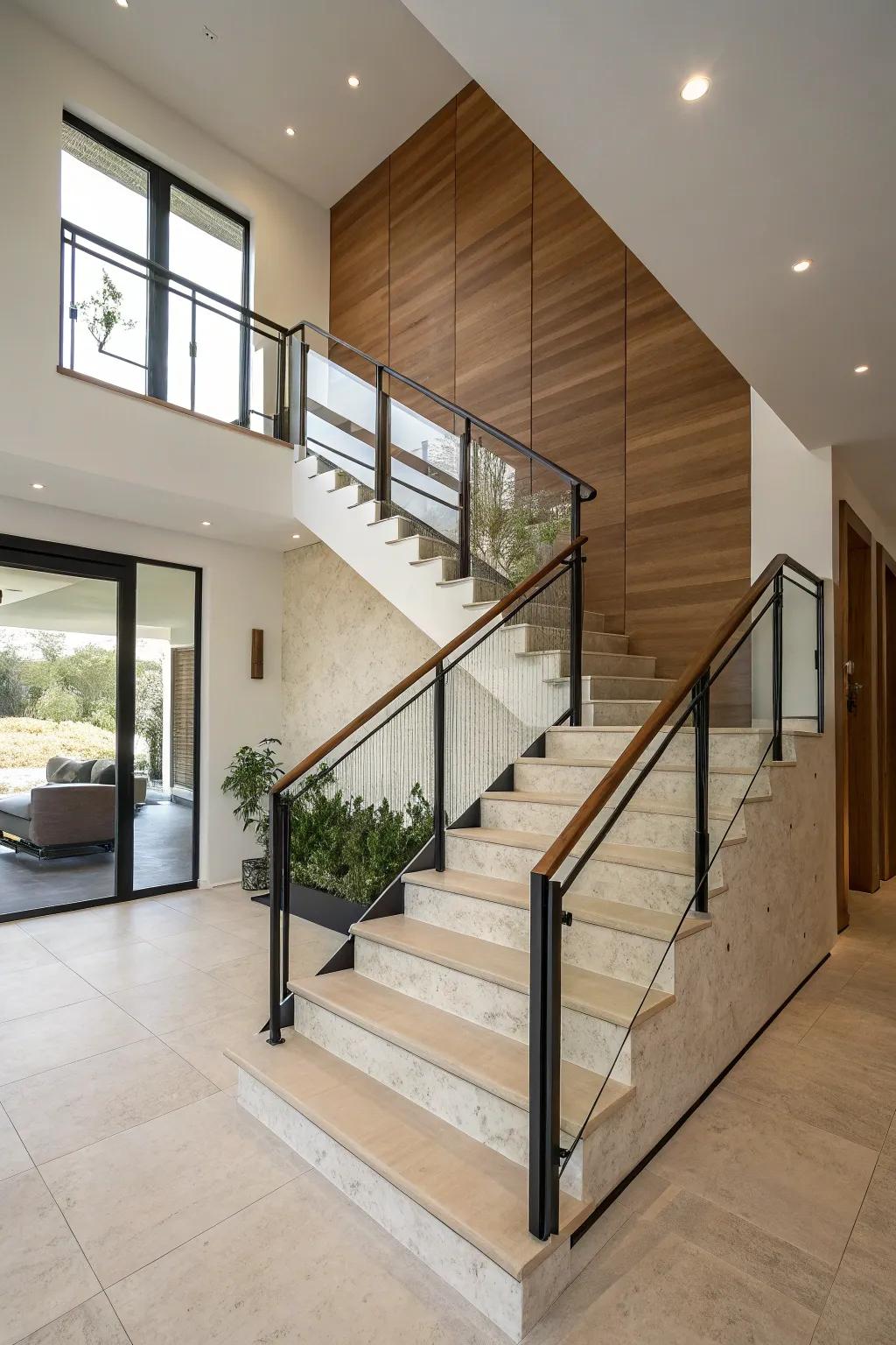 Half wall alongside stairs providing safety and a sleek design element.