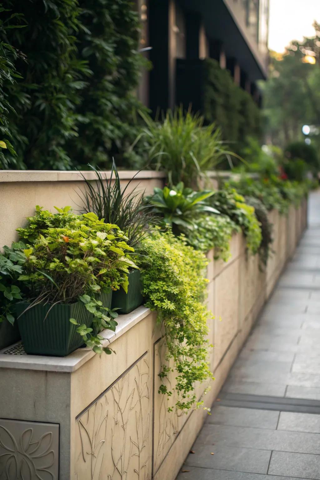 Half wall topped with planters to bring natural greenery indoors.