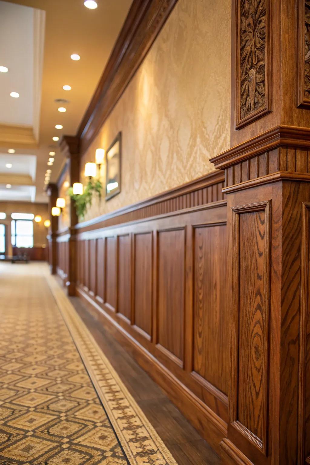 Half wall featuring warm wood finishes creating a cozy atmosphere.