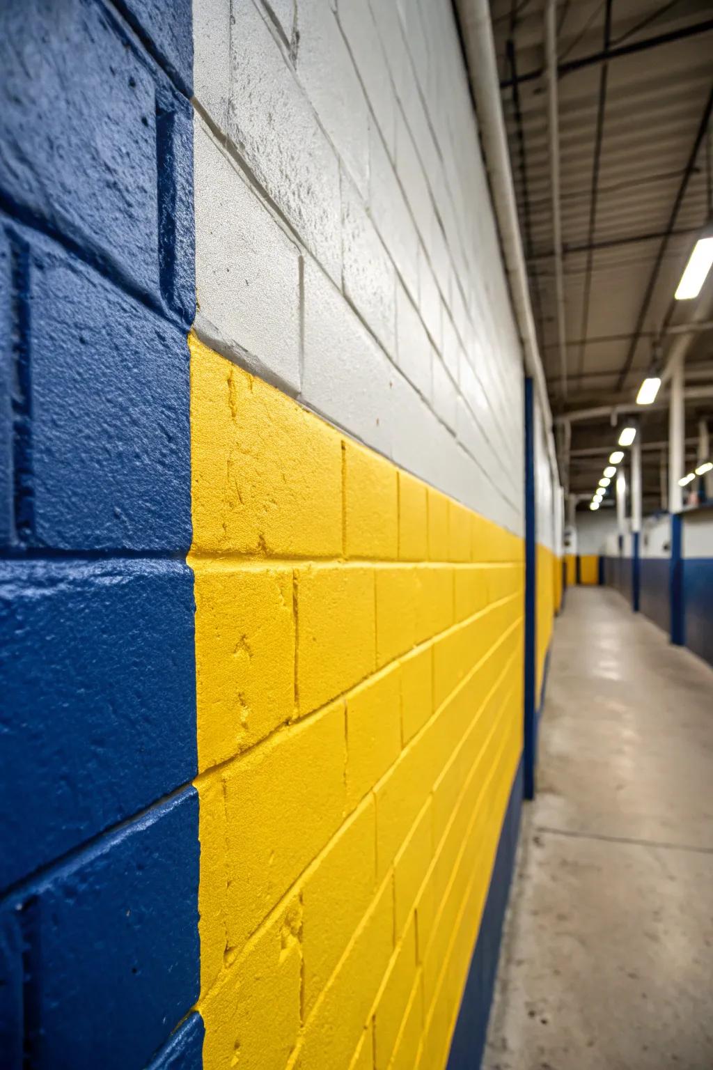 Half wall painted in two complementary colors for a striking effect.