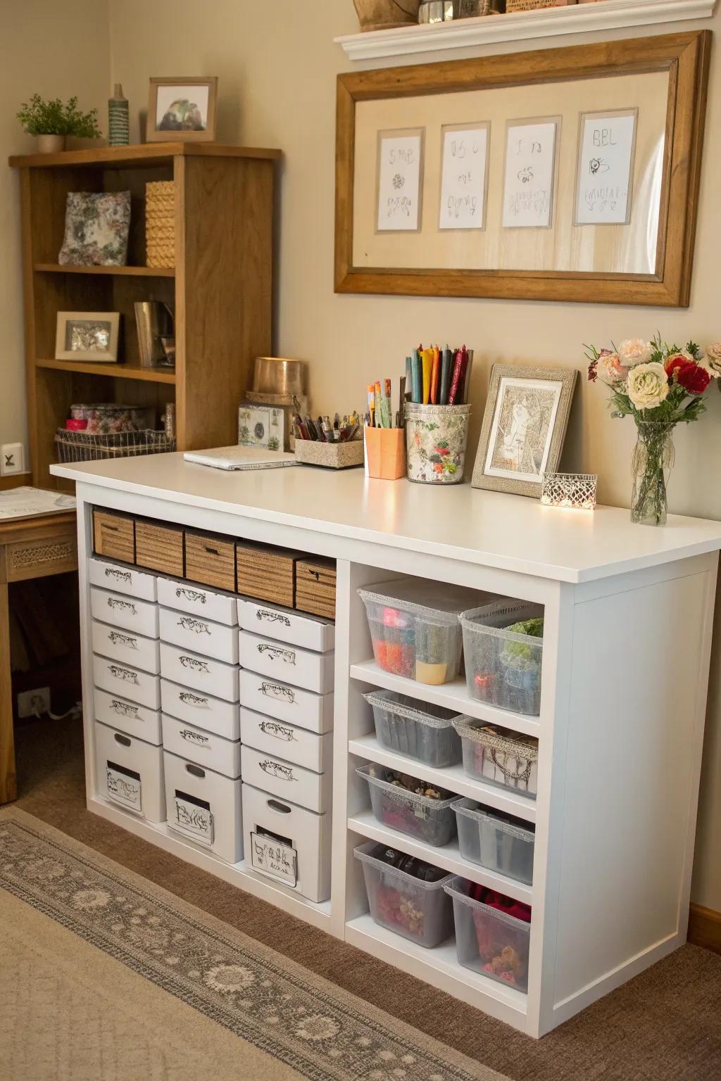 Utilizing under-desk storage optimizes space without cluttering your craft room.