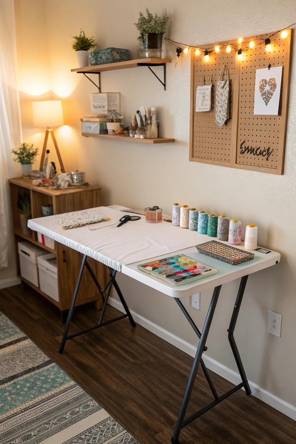 Folding furniture offers adaptable solutions for limited craft spaces.