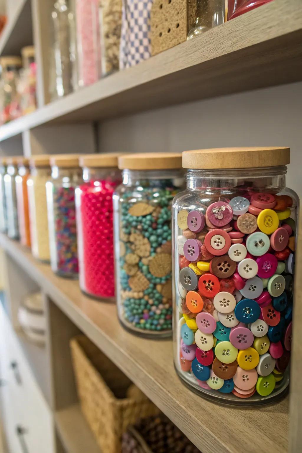 Decorative jars organize small items while adding charm to your craft room.