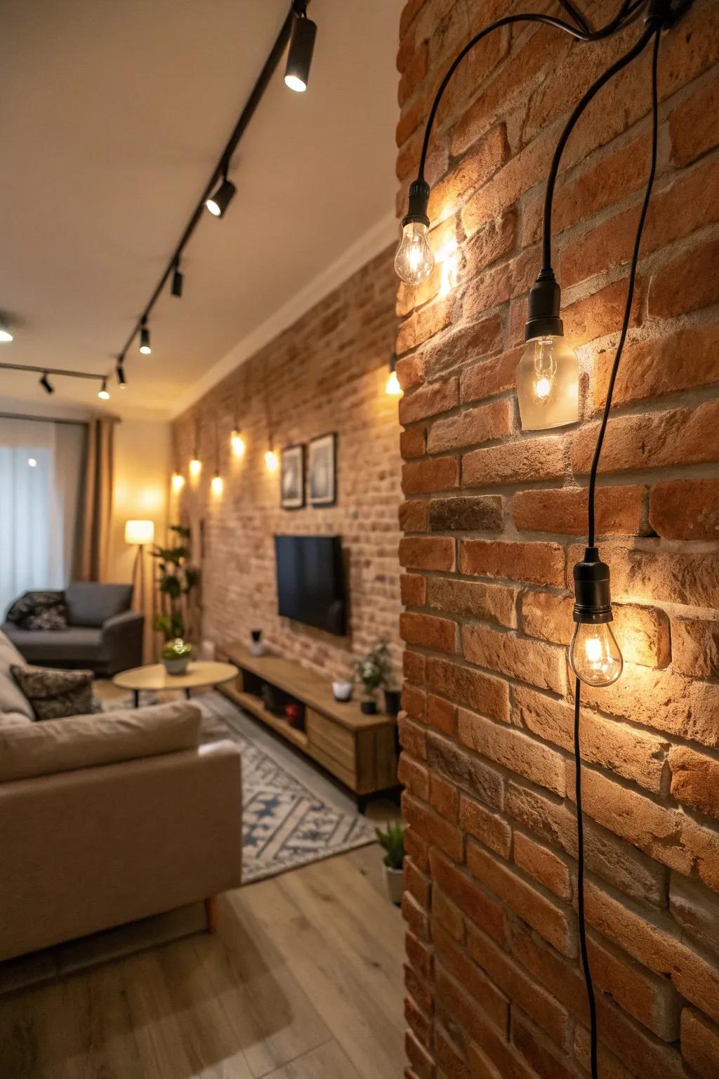 Showcase architectural elements like exposed brick with cable lighting.