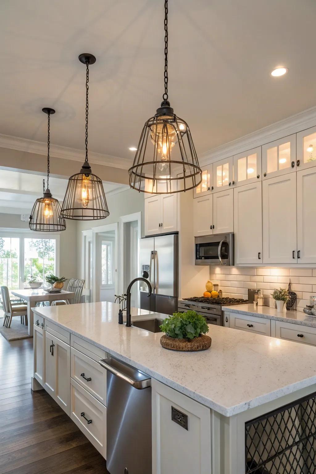 Add flair to kitchen islands with cable pendant lighting.