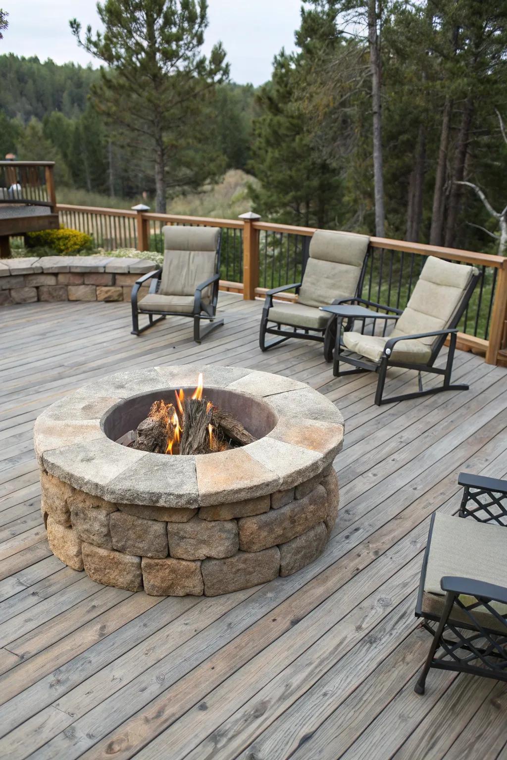 Stone circular fire pit adding rustic charm to a deck.