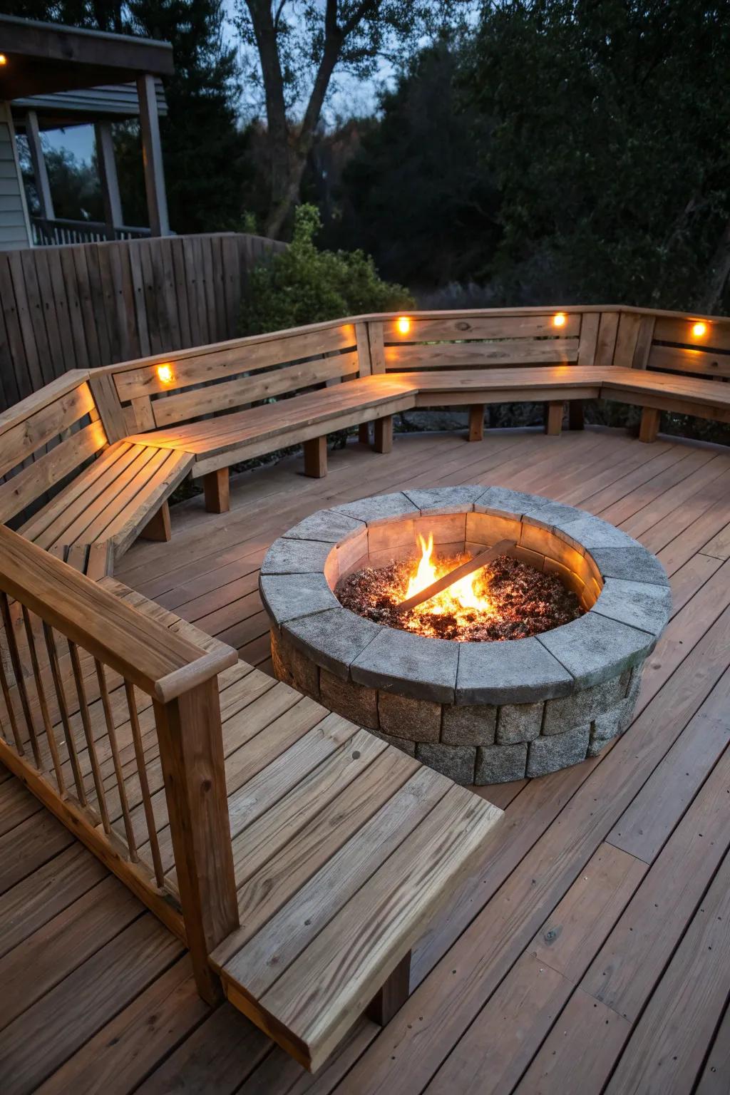 Built-in benches surrounding a fire pit for efficient seating.