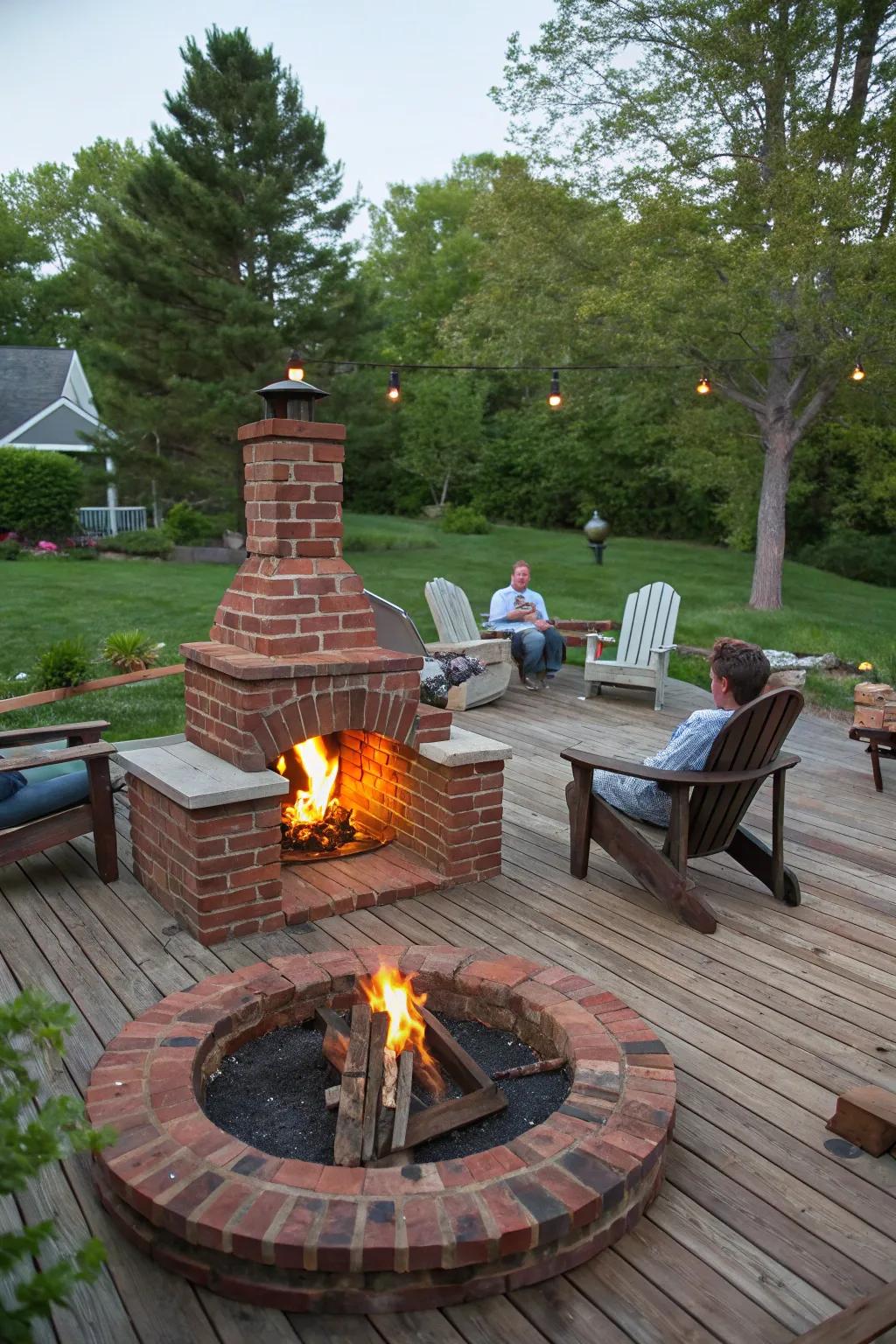 Classic brick fire pit creating a warm, rustic atmosphere on a deck.