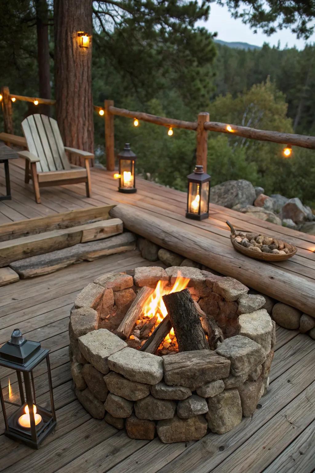 Natural stone fire pit adding rustic beauty to a deck.