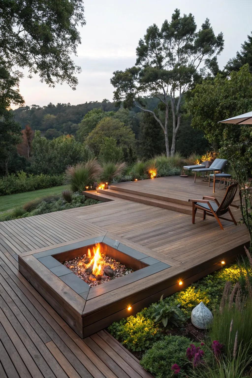 Floating deck with a fire pit creating an airy and inviting outdoor space.
